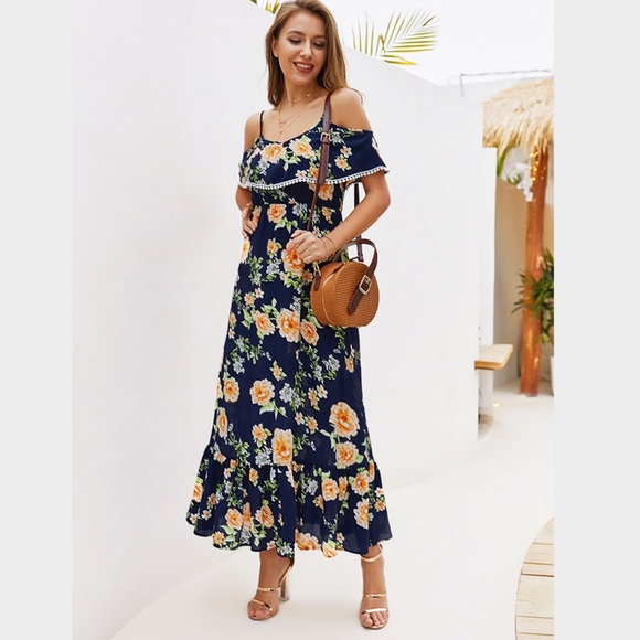 Navy Floral Cold Shoulder Ruffle Maxi Dress PomPom - Picture 5 of 7
